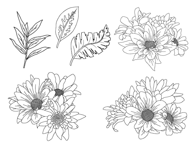 Flowers arrangement with hand drawn line art