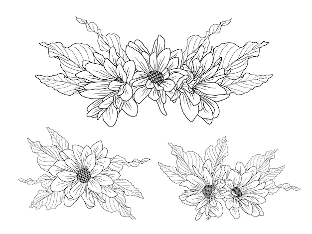 Vector flowers arrangement with hand drawn line art