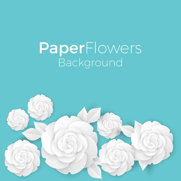 Flowers background with paper blooming white 3D roses with leaves, vector illustration greeting card design with place for text in blue colors
