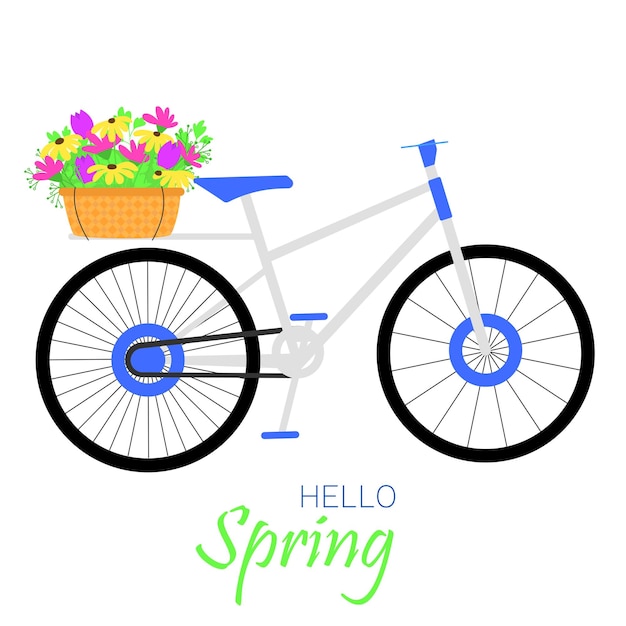 Fiori in cesto in bicicletta. ciao carta di primavera con bicicletta blu e fiori. illustrazione vettoriale.