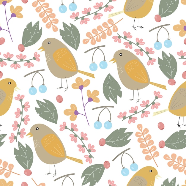 Vector flowers berries and birds seamless pattern vector design