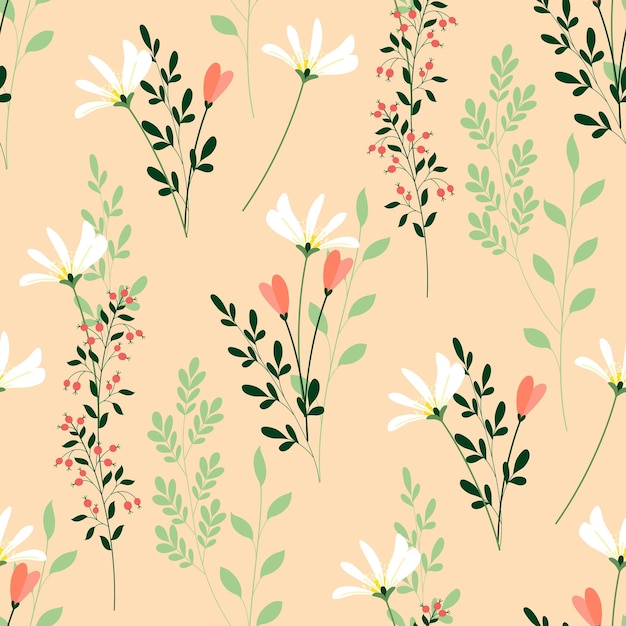 Flowers and berries make up a seamless pattern