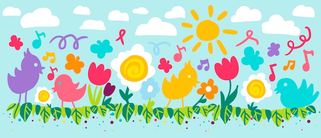 Flowers and birds flat vector illustration. Little chickens outdoor. Countryside, spring background