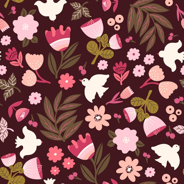 Vector flowers and birds pattern