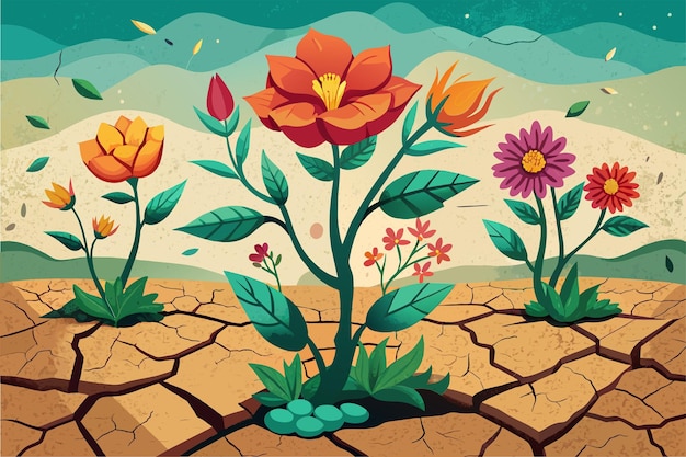 Vettore fiori che fioriscono da un terreno fessurato in un cartone animato
