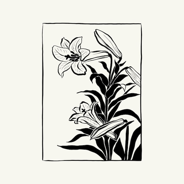 Flowers, Botanica illustration. Black ink, line, doodle style.