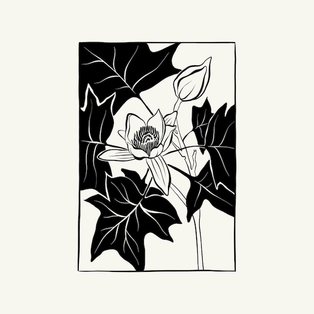 花、ボタニカのイラスト。黒インク、線、落書きスタイル。