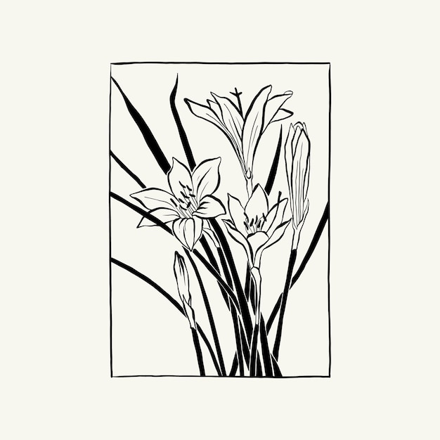 Flowers, Botanica illustration. Black ink, line, doodle style.