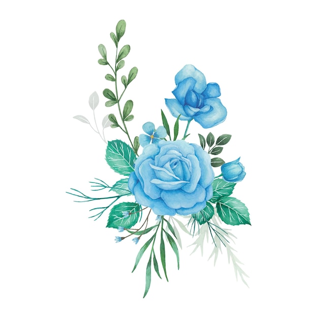 Vector flowers bouquet and arrangwith blue roses and green leaves