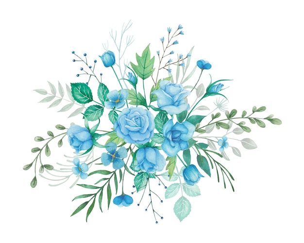 Vector flowers bouquet and arrangwith blue roses and green leaves