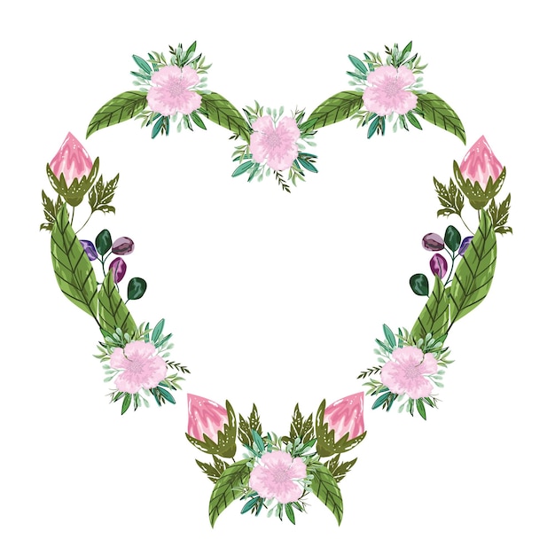 Flowers bouquet floral frame shaped heart,  illustration painting