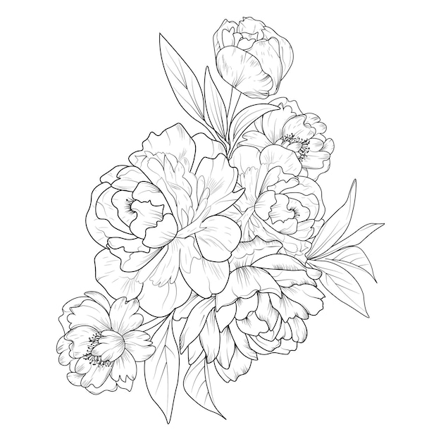 Vettore ramo di fiori di peonia, illustrazione vettoriale disegnata a mano elementi di design vintage bouquet floreale.