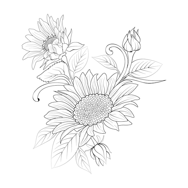 Vettore ramo di fiori di girasole illustrazione vettoriale del disegno a mano bouquet floreale di elementi di design vintage