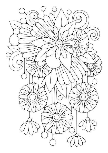 Flowers, buds, curls. black and white floral illustration for coloring. coloring page, art therapy for children and adults.