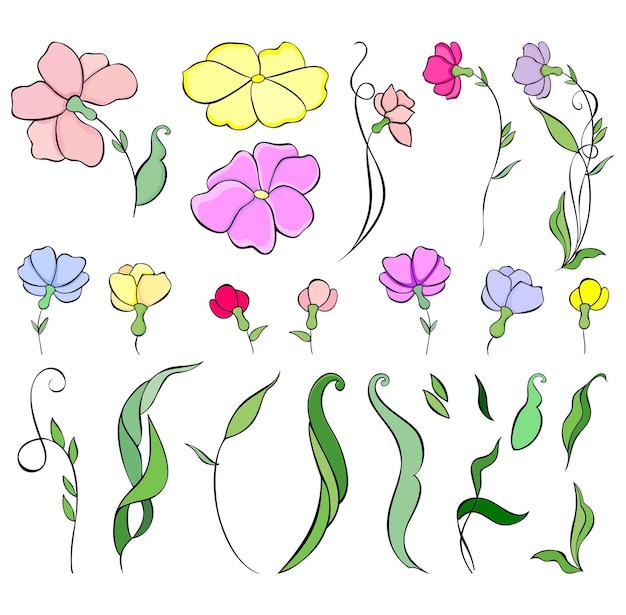 Vector flowers buds twigs and leaves in vector set of decorative elements