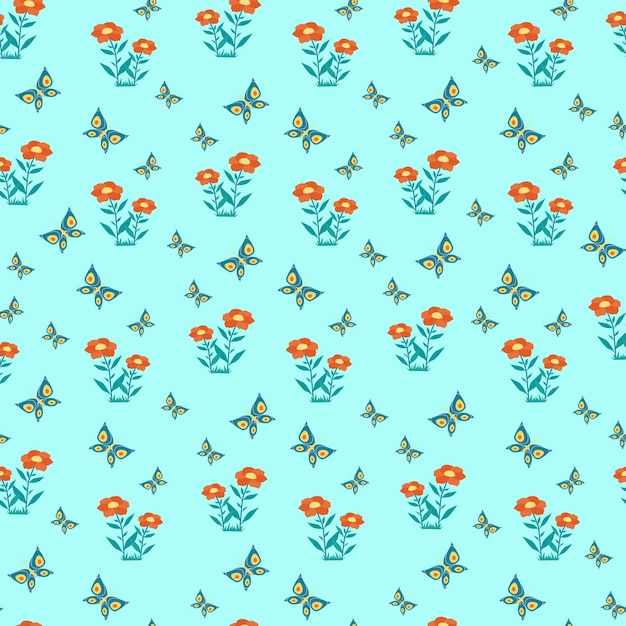 Flowers and butterflies seamless pattern. Vector print in flat style.