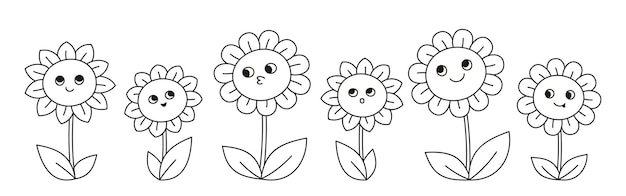 Flowers chamomile doodle comic cartoon set comics kids linear floral cute characters emoticon faces