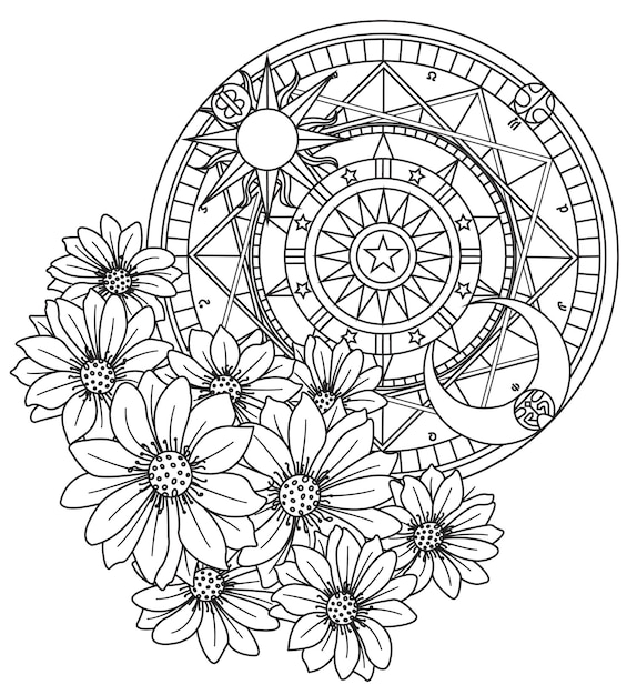 Flowers and clock colouring page