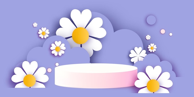 Flowers and clouds Happy Womens Day or Mothers Day 3D Podium scene or pedestal on pink minimal design paper cut craft studio for display product mockup design