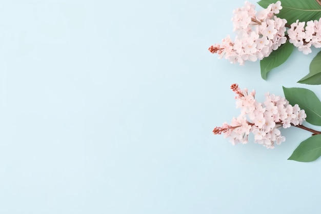 Flowers composition pink flowers on pastel blue background flat lay top view copy space