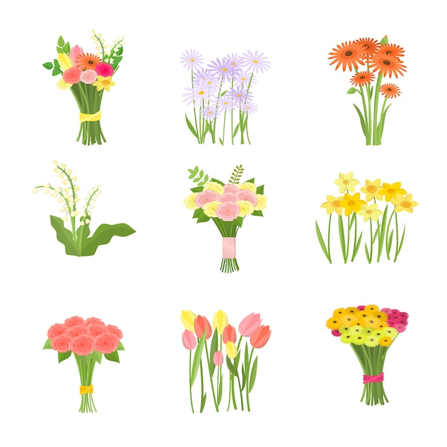 Flowers composition set icons isolated on white background