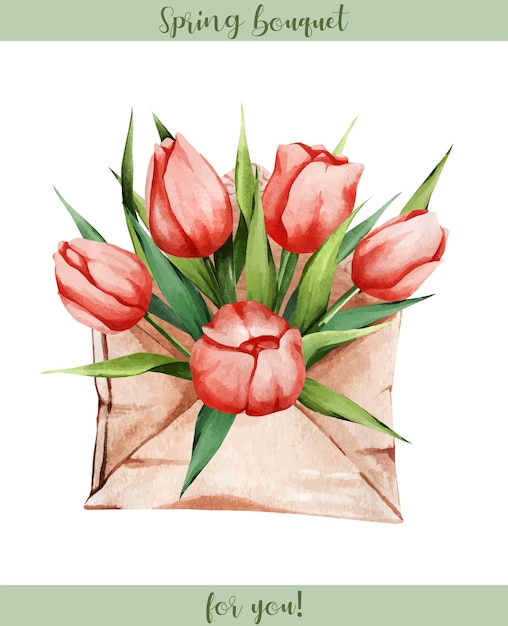 Fiori in una busta artigianale composizione floreale acquerello di tulipani rossi adatto per adesivi