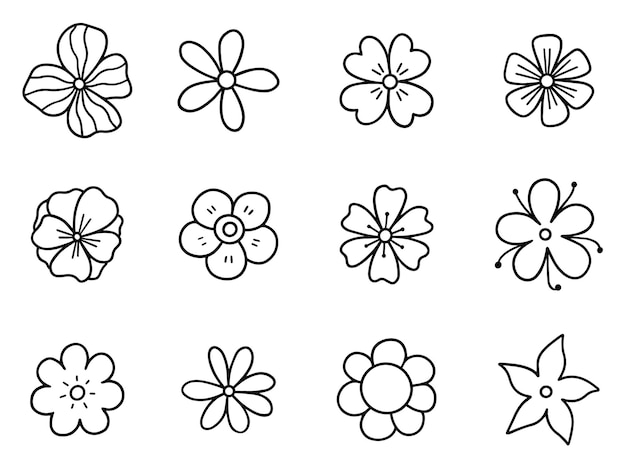 Fiori doodle set elementi floreali in stile schizzo illustrazione vettoriale disegnata a mano isolata su sfondo bianco