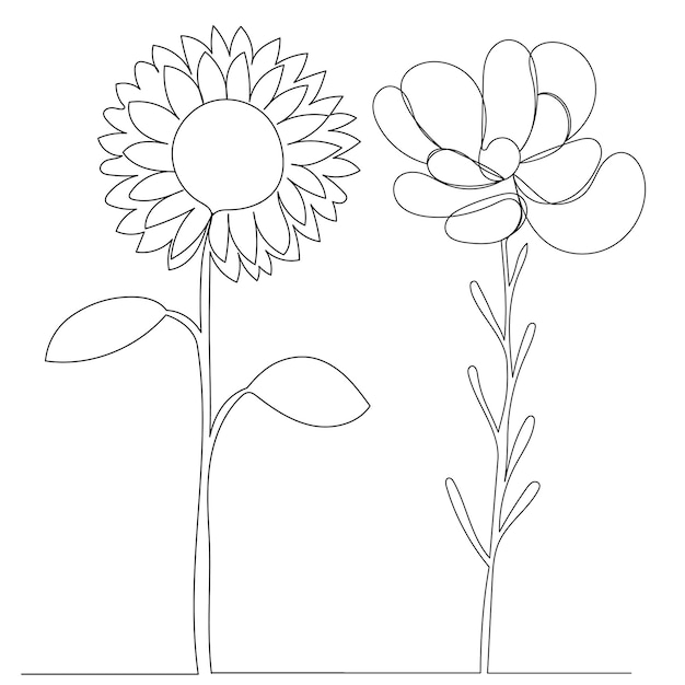 Flowers drawing in one continuous line isolated vector