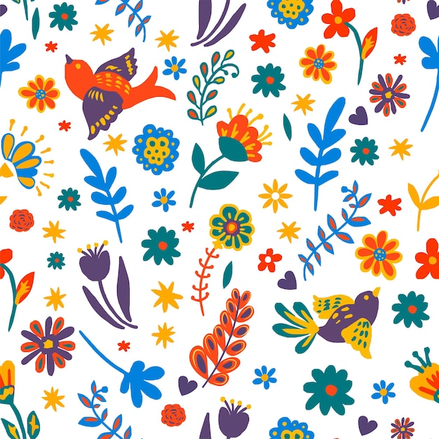 Vector flowers and foliage with flying birds seamless pattern