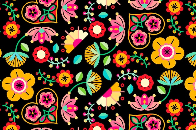 Vector flowers folk art patterned on black background vector