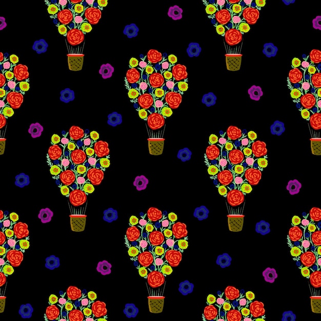 검은 배경에 풍선 패턴의 형태로 꽃 디지털 추적 그림