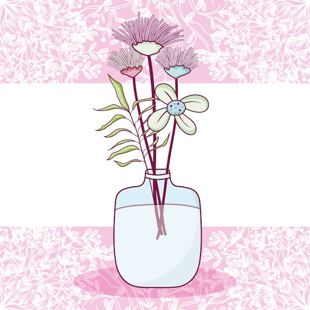 Vector flowers in glass jar purple and white card