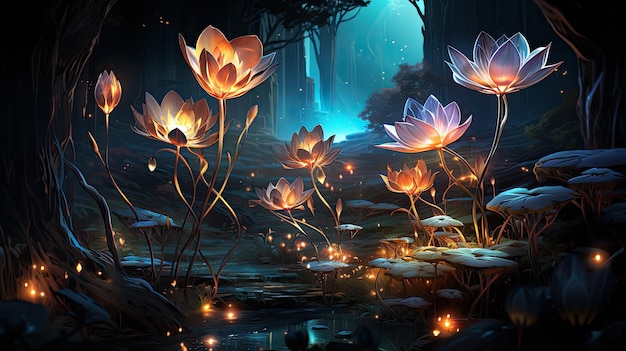 Flowers glow in the dark 3d wallpaper Surreal night jungle with luminescent plants and flowers