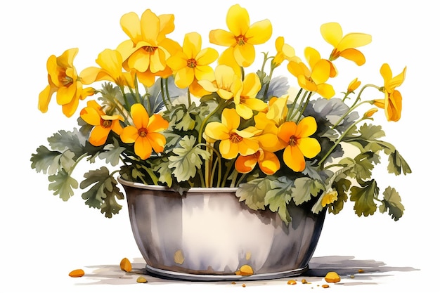 Flowers green leaves in a pot brown brick isolated on white background