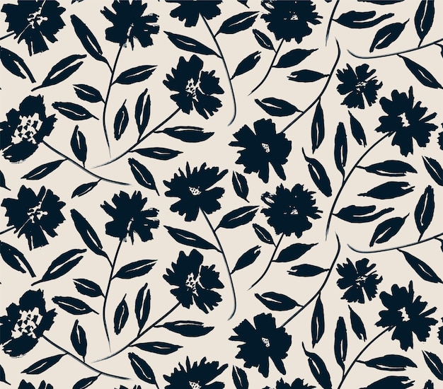 flowers hand drawn seamless pattern ink brush texture