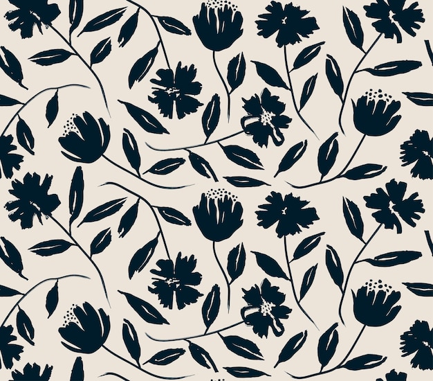 flowers hand drawn seamless pattern ink brush texture