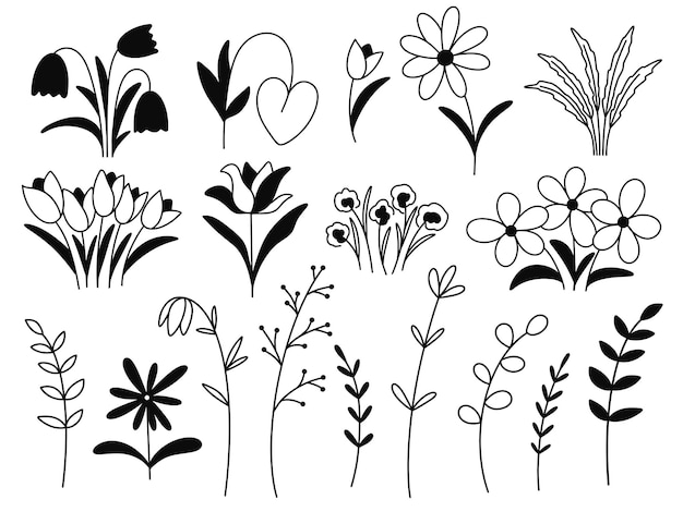 Flowers and herbs ink set hand drawn silhouette flower bouquets flower crown foliage herbal bunch