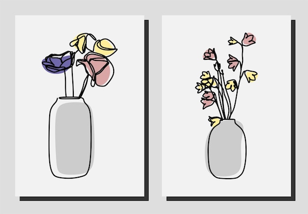 花瓶の花ワンライン連続線画セットプレミアムベクトル
