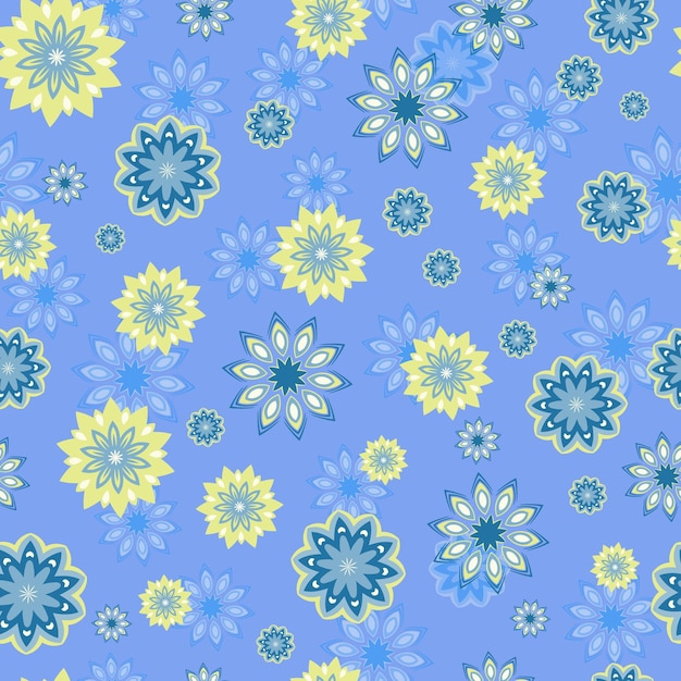 Цветы в оттенках желтого и синего на голубом фоне бесшовный векторный рисунок