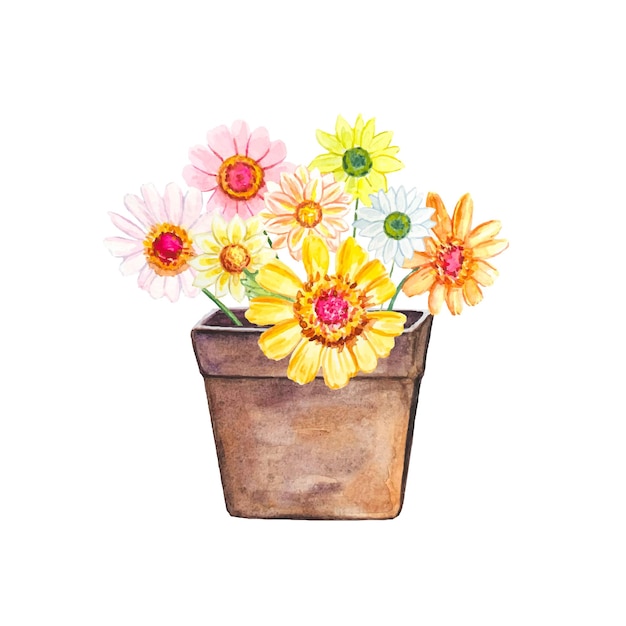 ビンテージ ポットの花手描き水彩イラスト