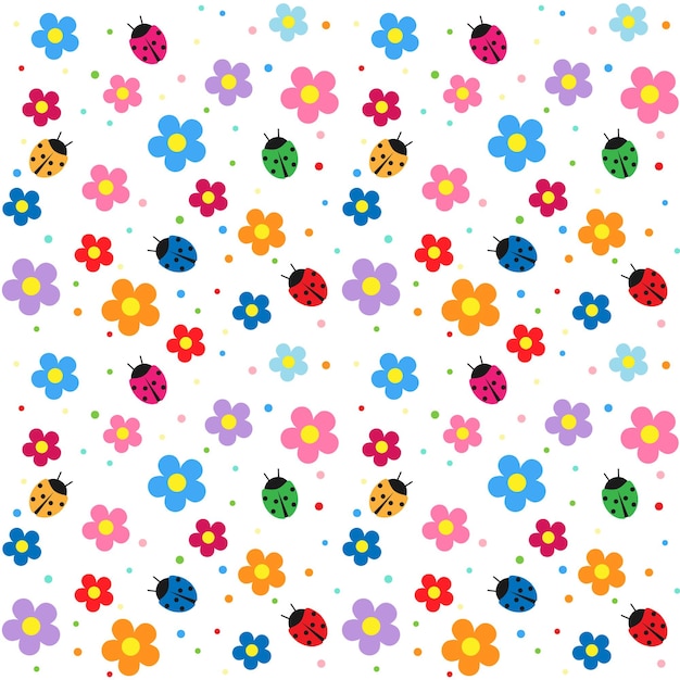 Flowers and ladybugs seamless background