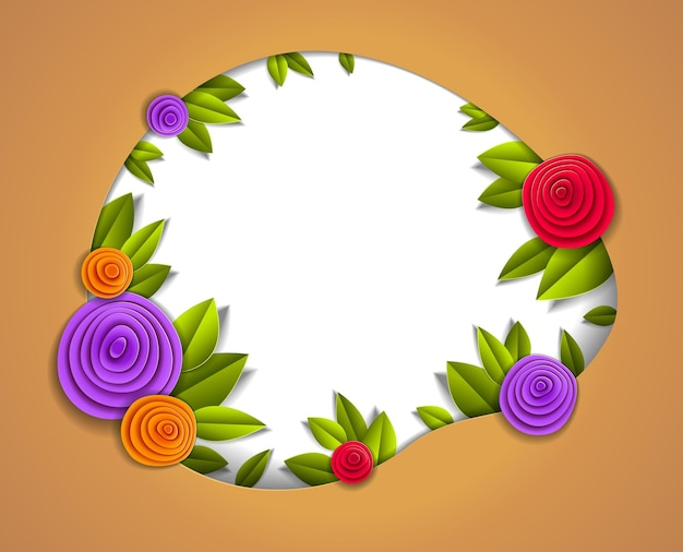Flowers and leaves beautiful background or frame with blank copy space for text, vector illustration in paper cut style. Wedding invitation or romantic greeting card.