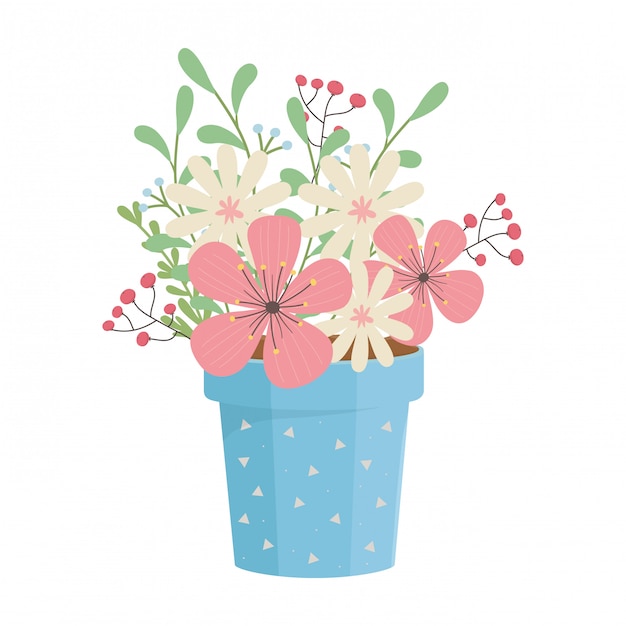 Vector flowers and leaves inside pot