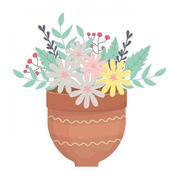 Vettore fiori e foglie all'interno del vaso