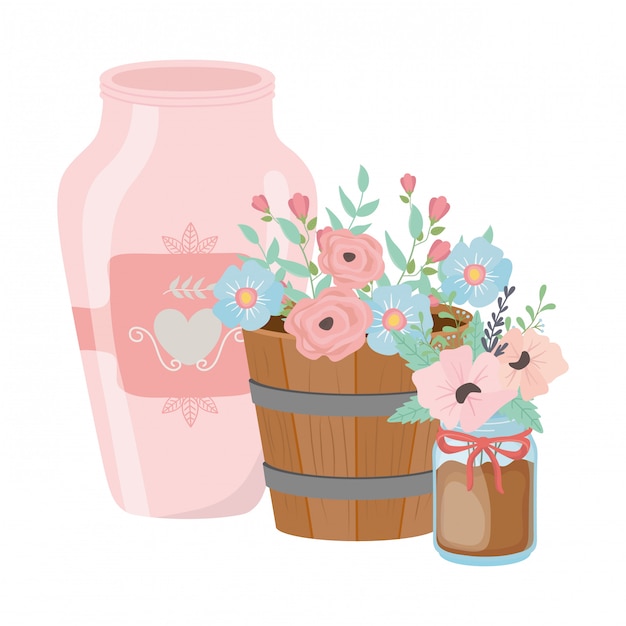 Vector flowers and leaves inside pots