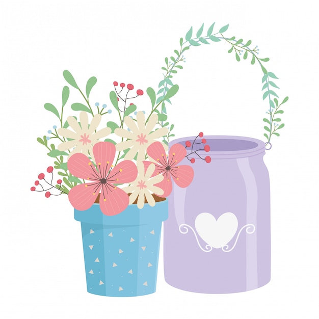 Vector flowers and leaves inside pots