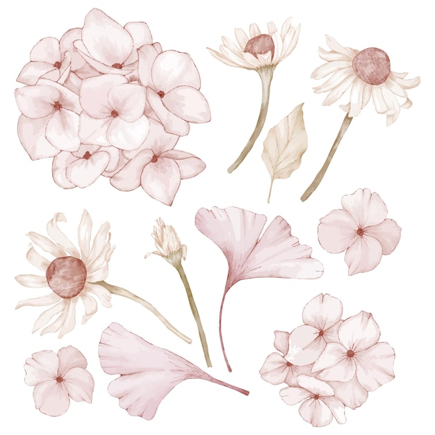 Flowers and leaves in pastel colors