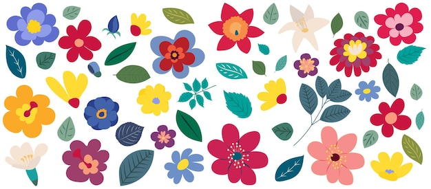 Flowers leaves set cartoon flat design  isolated vector