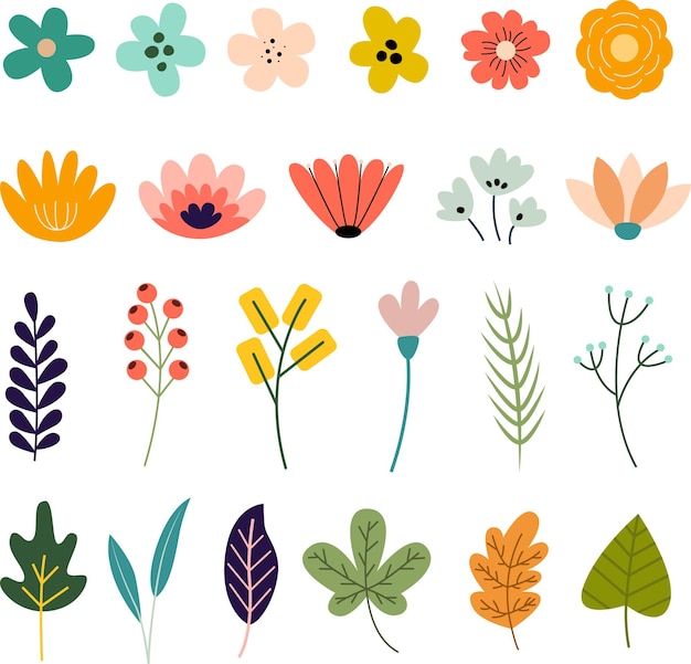 Vector flowers leaves and twigs set vector illustration 24 separate vector elements