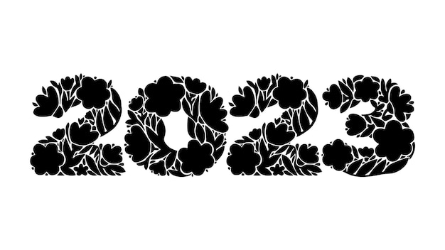 Flowers lettering 2023 Black and white vector illustration isolated on white background